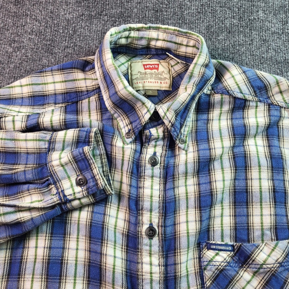LEVIS STRAUSS & CO Mens Plaid Button Down Shirt Long Sleeve Blue Green Size L‎